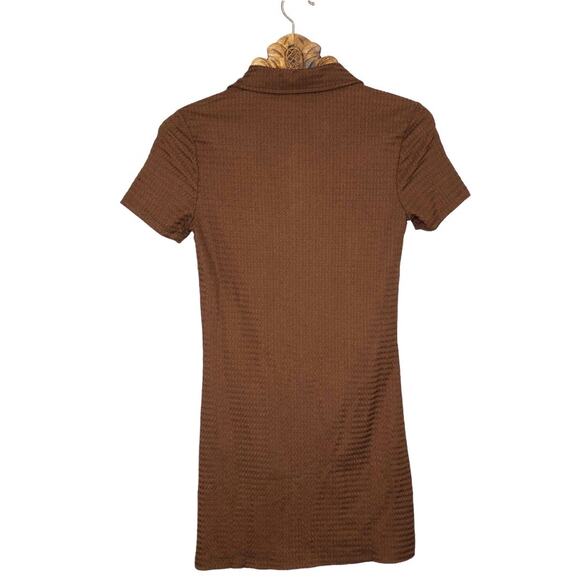 Sanctuary Dress Brown Collar Button Up Shirt Ruched Mini Short Sleeve Medium NEW - Picture 2 of 7